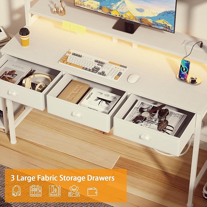 Furologee White Gaming Desk with Power Outlet and LED Light, 47" Computer Desk with 3 Fabric Drawers, Home Office Desk with Monitor Stand and Hutch for Small Space Working, Study Table with Shelf - LeafyLoom