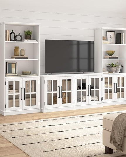Bush Furniture Westbrook Tall 5 Shelf Bookcase with Glass Doors in White Ash | Farmhouse Bookshelf Cabinet for Living Room and Home Office - LeafyLoom