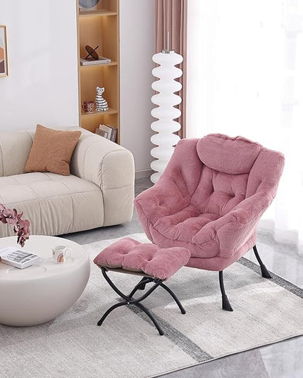 Lazy Chair with Ottoman, Modern Accent Chair Contemporary Lounge Leisure Upholstered Sofa Chair Set with Armrests, Reading Chair for Living Room, Bedroom, Office, Plush Dark Pink - LeafyLoom