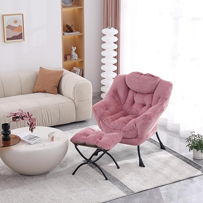 Lazy Chair with Ottoman, Modern Accent Chair Contemporary Lounge Leisure Upholstered Sofa Chair Set with Armrests, Reading Chair for Living Room, Bedroom, Office, Plush Dark Pink - LeafyLoom