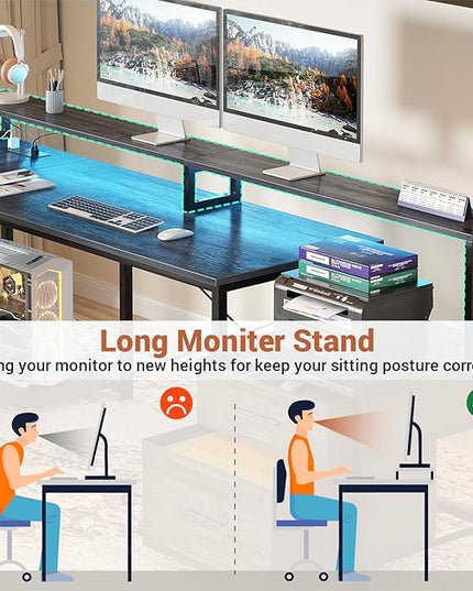 Aheaplus L Shaped Desk with File Drawer, 66" Reversible L Shaped Computer Desk with Power Outlet & LED Strip, Gaming Desk with Long Monitor Stand, Office Desk Corner Desk with Storage Shelf, Grey Oak - LeafyLoom