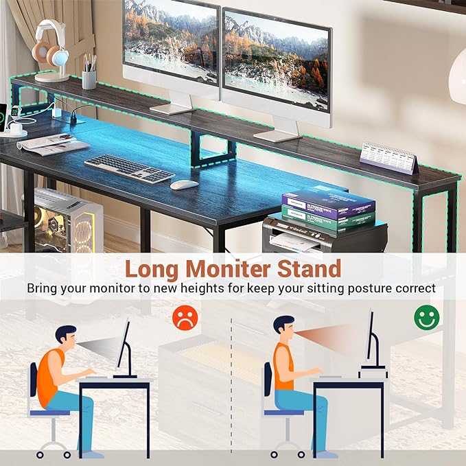 Aheaplus L Shaped Desk with File Drawer, 66" Reversible L Shaped Computer Desk with Power Outlet & LED Strip, Gaming Desk with Long Monitor Stand, Office Desk Corner Desk with Storage Shelf, Grey Oak - LeafyLoom