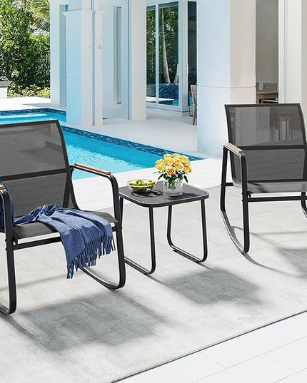 YITAHOME 3 Piece Rocking Bistro Set, Outdoor Patio Furniture Set with Wooden Armrests, Porch Chairs Set with Glass Table for Lawn, Garden, Balcony, Poolside, Dark Gray - LeafyLoom