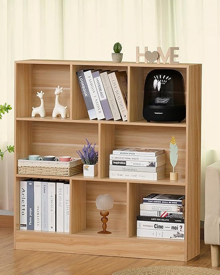 LEYAOYAO 8 Cube Bookshelf with Base,3 Tier Mid-Century Modern Natural Bookcase,Standing Wide Bookshelves Storage Organizer Shelf,Rustic Wood Display Cabinet Book Shelves for Bedroom,Living Room,Office - LeafyLoom