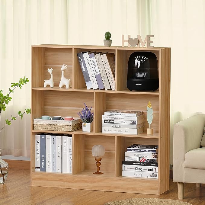 LEYAOYAO 8 Cube Bookshelf with Base,3 Tier Mid-Century Modern Natural Bookcase,Standing Wide Bookshelves Storage Organizer Shelf,Rustic Wood Display Cabinet Book Shelves for Bedroom,Living Room,Office - LeafyLoom