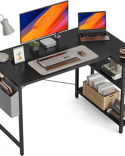 BANTI L Shaped Small Computer Desk with Storage Shelves, 47" Home Office Small Corner Desk Study Writing Table, Black - LeafyLoom