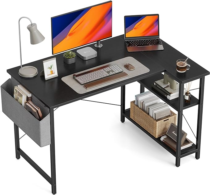 BANTI L Shaped Small Computer Desk with Storage Shelves, 47" Home Office Small Corner Desk Study Writing Table, Black - LeafyLoom