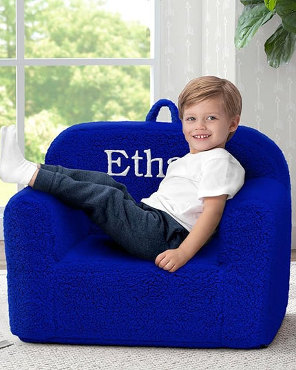 Delta Children Personalized Sherpa Cozee Chair - Customize with Name – Foam Kids Chair for Ages 18 Months and Up, Royal Blue - LeafyLoom