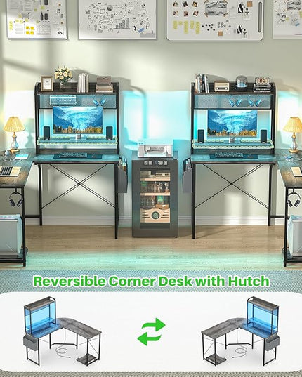 Small L Shaped Gaming Desk with Power Outlets, Corner Gaming Desk with LED Light, Reversible L-Shaped Desk with Monitor Stand & Hutch, L Shaped Desk Home Office Desk with Storage Bag, Grey - LeafyLoom