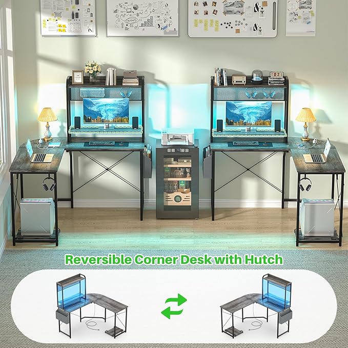 Small L Shaped Gaming Desk with Power Outlets, Corner Gaming Desk with LED Light, Reversible L-Shaped Desk with Monitor Stand & Hutch, L Shaped Desk Home Office Desk with Storage Bag, Grey - LeafyLoom