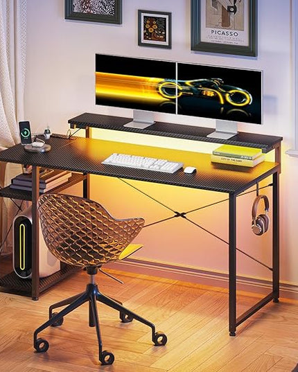 MOTPK Gaming Desk with Led Lights & Power Outlet, 47 Inch Gaming Computer Desk with Shelves, Reversible Gamer Desk Table with Adjustable Monitor Stand & Headphone Hook, Carbon Fiber Texture, Black - LeafyLoom