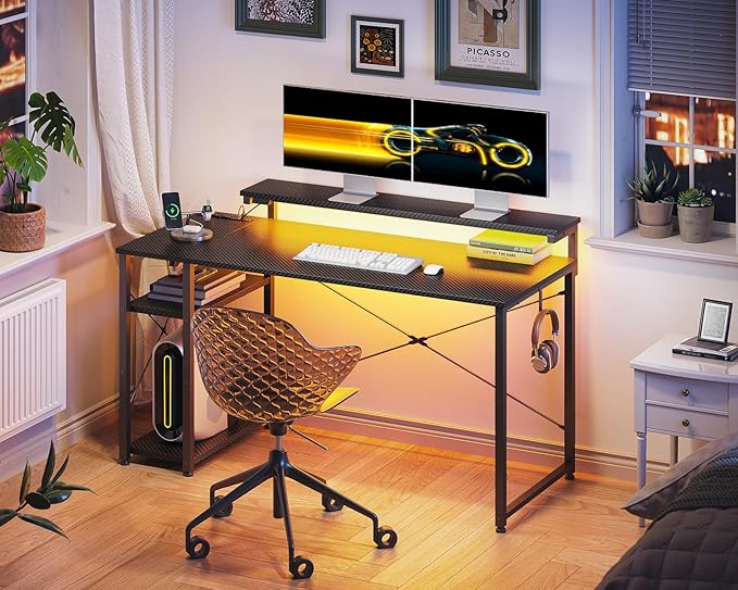 MOTPK Gaming Desk with Led Lights & Power Outlet, 47 Inch Gaming Computer Desk with Shelves, Reversible Gamer Desk Table with Adjustable Monitor Stand & Headphone Hook, Carbon Fiber Texture, Black - LeafyLoom