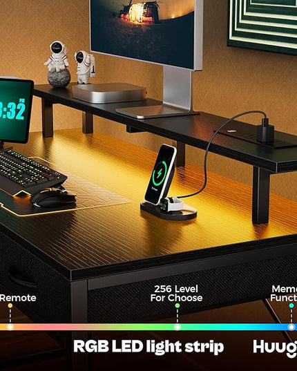 47 inch Computer Desk with 3 Drawers, Office Desk Gaming Desk with LED Lights & Power Outlets, Home Office Desks with Storage Space for Bedroom, Work from Home, Black - LeafyLoom