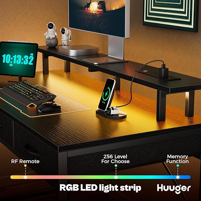 47 inch Computer Desk with 3 Drawers, Office Desk Gaming Desk with LED Lights & Power Outlets, Home Office Desks with Storage Space for Bedroom, Work from Home, Black - LeafyLoom