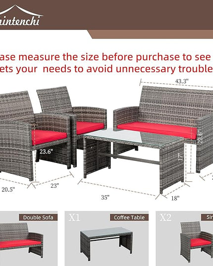 Shintenchi 4-Piece Outdoor Gray Wicker Patio Conversation Furniture Set, Rattan Patio Furniture Set with Weather Resistant Cushions and Tempered Glass Tabletop,Red - LeafyLoom