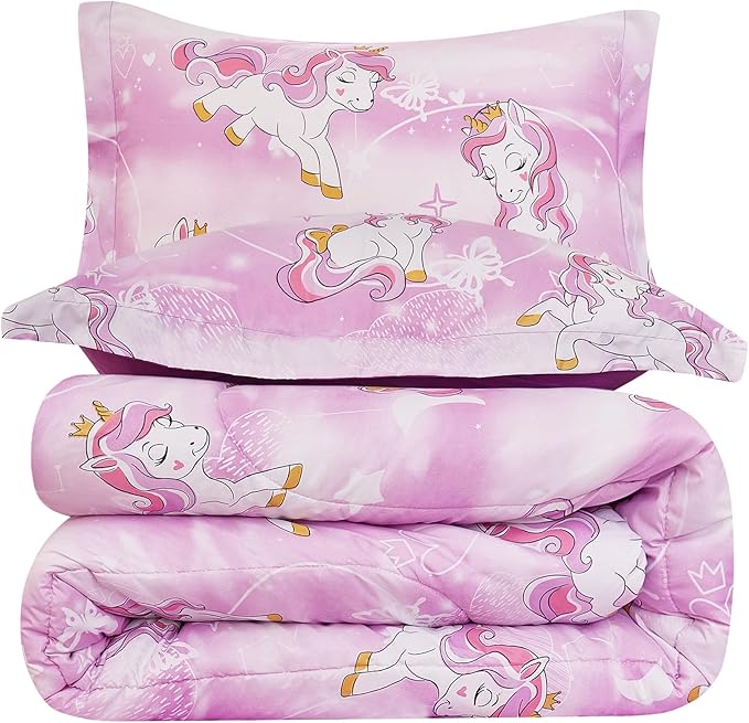 Unicorn Kids Comforter Set for Girls Full Size, Cute Reversible Quilted Lavender Printed Bedding Set with Pillow Sham, Lightweight Soft Breathable Machine Washable Bed Set 3 Piece - LeafyLoom