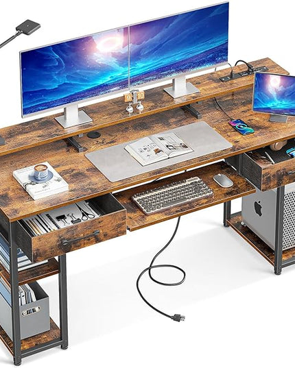 ODK Computer Desk with Drawers & Power Outlet, 63 Inch Office Desk with Keyboard Tray & Storage Shelves & PC Stand, Large Office Table Work Desk with Monitor Stand, Rustic Brown - LeafyLoom