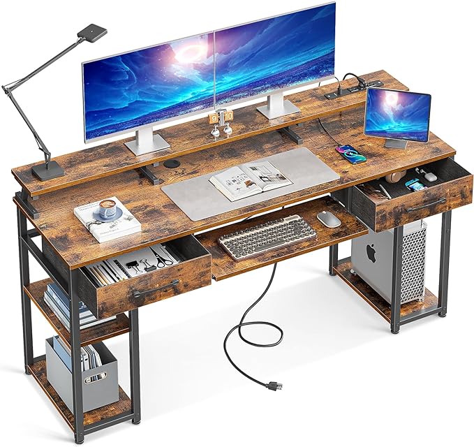 ODK Computer Desk with Drawers & Power Outlet, 63 Inch Office Desk with Keyboard Tray & Storage Shelves & PC Stand, Large Office Table Work Desk with Monitor Stand, Rustic Brown - LeafyLoom