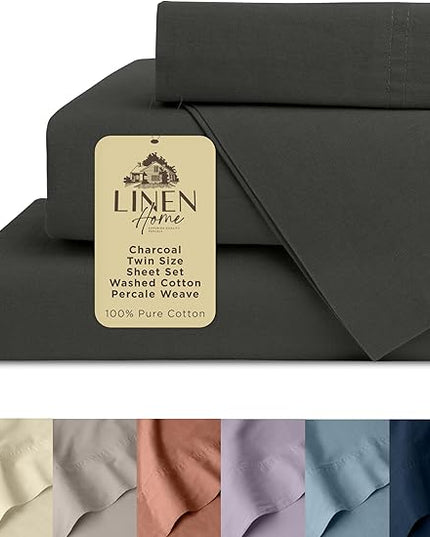 Linen Home Washed Cotton Percale Twin Sheet Set, Charcoal, Deep Pocket, 3 Pieces Bed Sheets - 1 Flat Sheet, 1 Fitted Sheet & 1 Envelope Closure Pillowcase, Cool and Comfortable Bed Linen - LeafyLoom