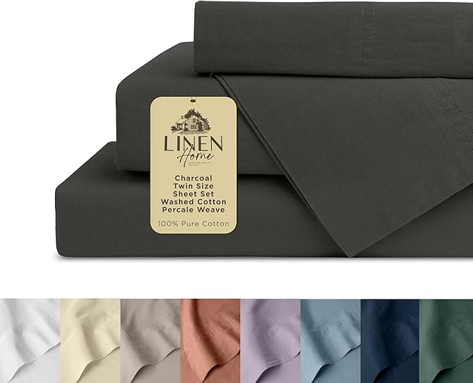 Linen Home Washed Cotton Percale Twin Sheet Set, Charcoal, Deep Pocket, 3 Pieces Bed Sheets - 1 Flat Sheet, 1 Fitted Sheet & 1 Envelope Closure Pillowcase, Cool and Comfortable Bed Linen - LeafyLoom