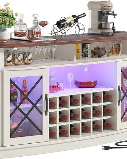 DWVO Wine Bar Cabinet with LED Light, 58'' Large Wine Cabinet w/Storage, Tempered Glass Doors, Adjustable Shelf, 32'' Tall Coffee Bar for Living Room, Dining Room, White - LeafyLoom
