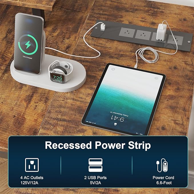 L Shaped Computer Desk with LED Light and Power Outlet, 47" Reversible L Shaped Desk with Monitor Stands and Drawers, Gaming Desk with Shelves and 2 Hooks for Home Office Bedroom - LeafyLoom