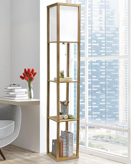 Simple Designs LF1038-WOD 62.5" Modern 3 Tier Standing Floor Lamp Etagere Organizer Storage Shelf with Linen Shade for Home Décor, Living Room, Bedroom, Office, Light Burnt Oak - LeafyLoom