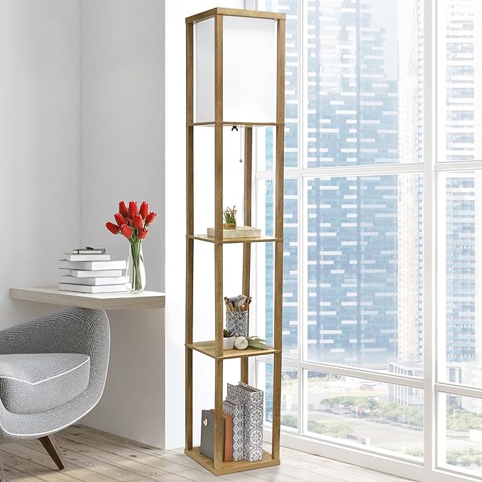 Simple Designs LF1038-WOD 62.5" Modern 3 Tier Standing Floor Lamp Etagere Organizer Storage Shelf with Linen Shade for Home Décor, Living Room, Bedroom, Office, Light Burnt Oak - LeafyLoom