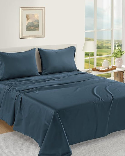 LANE LINEN 100% Egyptian Cotton Bed Sheets - 1000 Thread Count 4-Piece Calking Set Long Staple Bedding Sateen Weave Luxury Hotel Fits Upto 17" Mattress Dark Denim - LeafyLoom