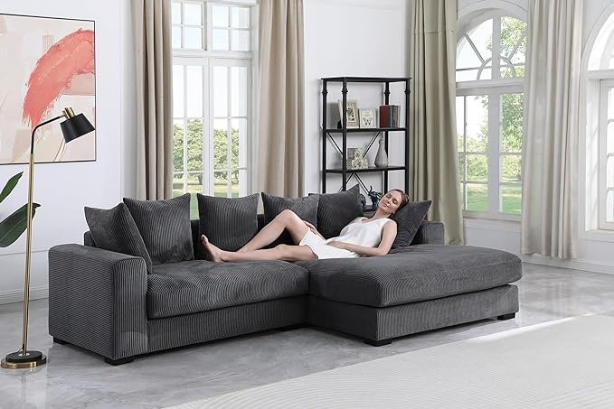 110" Modern L-shaped Sectional Sofa with Big Chaise,Upholstered Sleeper Couch W/ 6 Throw Pillows & Generously Armrests,Easy Assembly,Spacious Loveseat for Living Room Apartment Home,Dark Gray - LeafyLoom