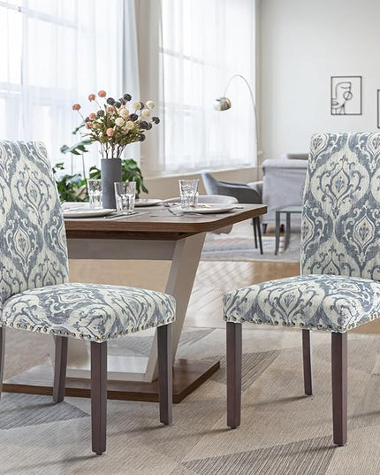 COLAMY Upholstered Parsons Dining Chairs Set of 6, Fabric Dining Room Kitchen Side Chair with Nailhead Trim and Wood Legs - Blue/White Flower - LeafyLoom