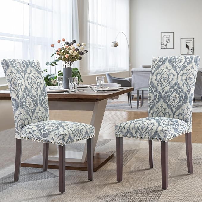 COLAMY Upholstered Parsons Dining Chairs Set of 6, Fabric Dining Room Kitchen Side Chair with Nailhead Trim and Wood Legs - Blue/White Flower - LeafyLoom