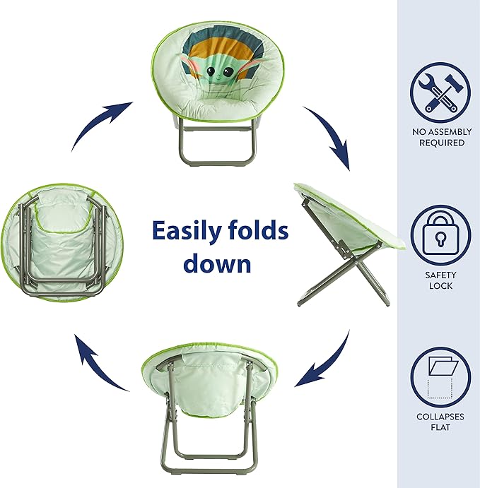 Idea Nuova Disney Star Wars The Mandalorian, Grogu aka The Child Toddler 19” Folding Saucer Chair with Cushion, Polyester, Ages 3+ - LeafyLoom