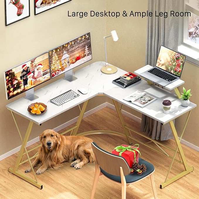 Mr IRONSTONE L Shaped Desk Computer Corner Desk, Home Gaming Desk, Office Writing Workstation with Large Monitor Stand, Easy to Assemble (White,51 Inch) - LeafyLoom