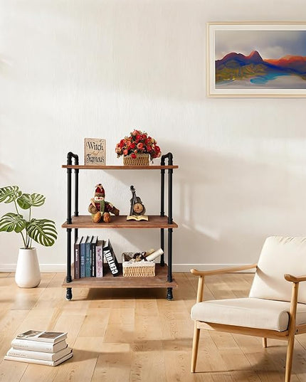 3 Tier Industrial Pipe Bookcase, Rustic Farmhouse Bookshelf with Solid Wood for Living Room, Kitchen, Office - LeafyLoom