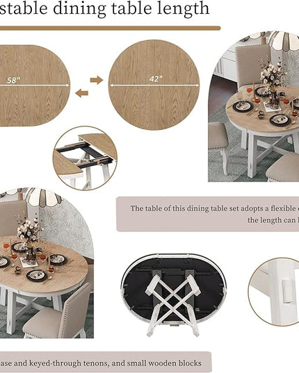 NicBex Round Dining Table Dining Room Set 5-Piece Farmhouse Dining Table Set Wood Round Extendable Dining Table and 4 Upholstered Dining Chairs for Set, Oak Natural Wood + Antique White - LeafyLoom