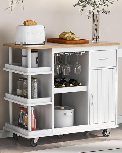Kitchen Island Cabinet with Side Storage & Rubber Wood Top, Multipurpose Mobile Cart On Wheels w/Wine Rack and Adjustable Shelves for Dining Room, Home, Bar - LeafyLoom