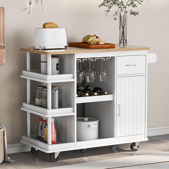 Kitchen Island Cabinet with Side Storage & Rubber Wood Top, Multipurpose Mobile Cart On Wheels w/Wine Rack and Adjustable Shelves for Dining Room, Home, Bar - LeafyLoom