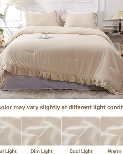 Beige Double Ruffle Comforter Set Twin Size (66x90 Inch), 2 Pcs Farmhouse Vintage Cream Comforter Set (1 Ruffled Comforter and 1 Pillowcase), Rustic All Season Down Alternative Bedding Set - LeafyLoom