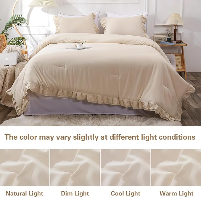 Beige Double Ruffle Comforter Set Twin Size (66x90 Inch), 2 Pcs Farmhouse Vintage Cream Comforter Set (1 Ruffled Comforter and 1 Pillowcase), Rustic All Season Down Alternative Bedding Set - LeafyLoom