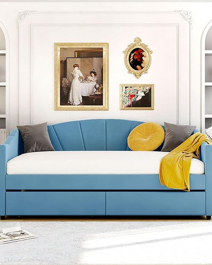 Twin Size Upholstered Daybed with Two Drawers, Wood Slat Support Sofa Bed with Armrest, No Box Spring Needed, Easy to Assemble, for Studio, Bedroom, Living, Guest Room, Blue - LeafyLoom