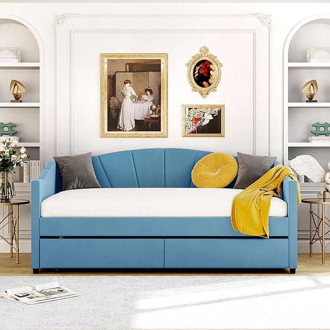 Twin Size Upholstered Daybed with Two Drawers, Wood Slat Support Sofa Bed with Armrest, No Box Spring Needed, Easy to Assemble, for Studio, Bedroom, Living, Guest Room, Blue - LeafyLoom