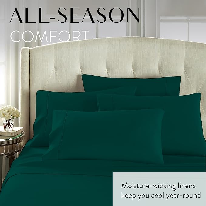 Danjor Linens Queen Sheet Set - 6 Piece Set Including 4 Pillowcases - Deep Pockets - Breathable, Soft Bed Sheets - Wrinkle Free - Machine Washable - Forest Green Sheets for Queen Size Bed - 6 pc - LeafyLoom
