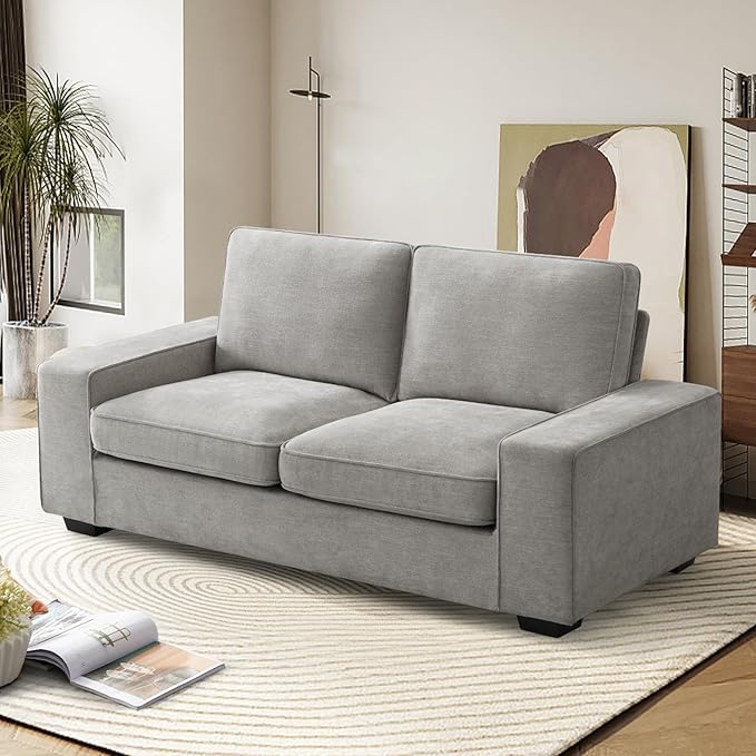 EASELAND 71" Loveseat, Small Chenille Loveseat for Small Spaces, 2-Seater Modern Deep Seat Couch with Removable Back and Cushions, Lounge Sofa for Bedroom with Wood Legs and Fluffy Armrest (Grey) - LeafyLoom