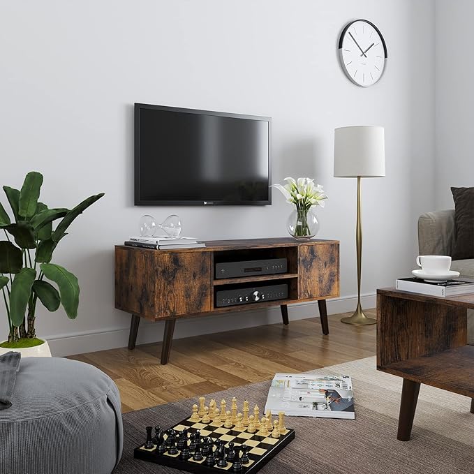 VASAGLE Retro TV Stand for Televisions up to 42 Inches, Mid-Century Modern Entertainment Center, 43.4”, Rustic Brown - LeafyLoom