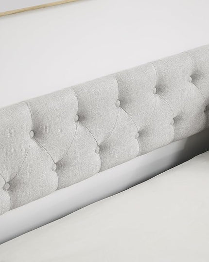 Twin Size Upholstered Daybed with Trundle, Wooden Sofa Bed w/Button Tufted Backrest and Waved Shape Arms, Space-Saving Design, No Box Spring Needed, for Living Room, Bedroom, Dorm, Beige - LeafyLoom