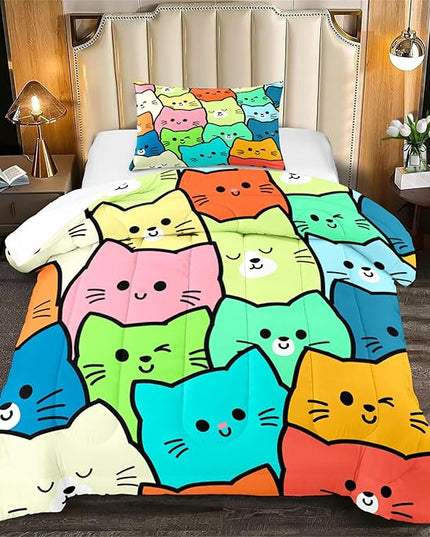 Cat Twin Comforter Set for Bedroom - 2Pcs Lovely Kitten Print Twin Bedding Set Cute Cat Patterns for Girls Boys Kids Warm Soft Breathable Cat Comforter with 1 Pillowcase for All Season, Twin Size - LeafyLoom
