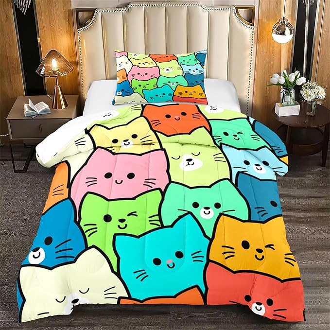 Cat Twin Comforter Set for Bedroom - 2Pcs Lovely Kitten Print Twin Bedding Set Cute Cat Patterns for Girls Boys Kids Warm Soft Breathable Cat Comforter with 1 Pillowcase for All Season, Twin Size - LeafyLoom