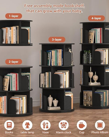 Rotating Bookshelf, Wood Corner Bookshelf, 360 Display Spinning Bookcase Storage Rack, 4 Tier Floor Standing Revolving Bookcase Narrow Book Shelf Organizer for Small Space, Bedroom, Black - LeafyLoom