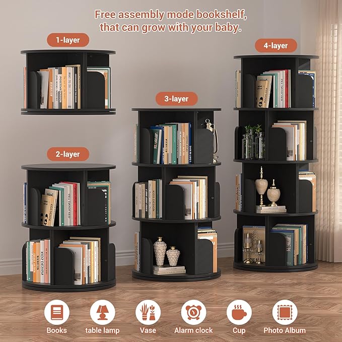 Rotating Bookshelf, Wood Corner Bookshelf, 360 Display Spinning Bookcase Storage Rack, 4 Tier Floor Standing Revolving Bookcase Narrow Book Shelf Organizer for Small Space, Bedroom, Black - LeafyLoom
